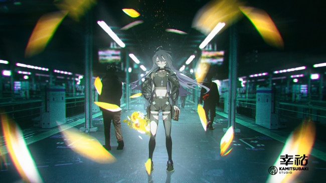 Обои картинки фото аниме, unknown,  другое , девушка, лепестки, люди, метро