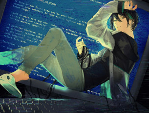 Картинка аниме оружие +техника +технологии парень экран монитор