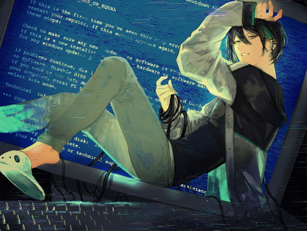 Обои картинки фото аниме, оружие,  техника,  технологии, парень, экран, монитор