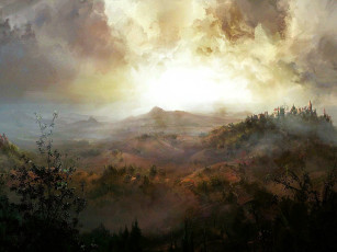 обоя рисованное, живопись, природа, тучи, горы, деревья, осень