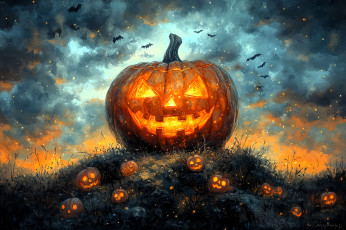 обоя рисованное, праздники, тыквы, летучие, мыши, холм, тучи, хэллоуин