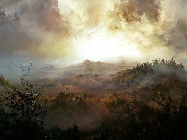 Обои картинки фото рисованное, живопись, природа, тучи, горы, деревья, осень