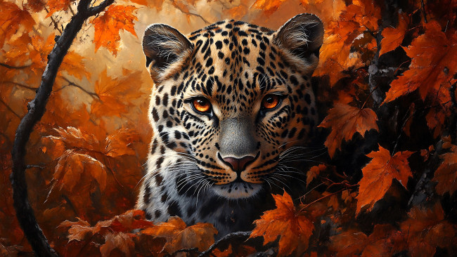 Обои картинки фото рисованное, животные,  ягуары,  леопарды, леопард, голова, осень, листья, ветки