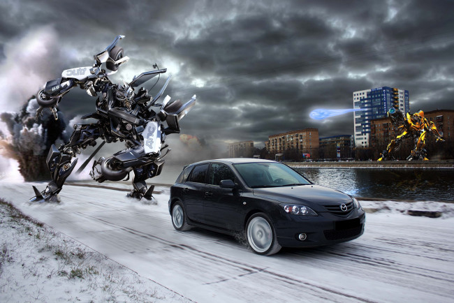 Обои картинки фото автомобили, mazda, погоня, город, 3, трансформеры, дпс