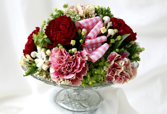 Обои картинки фото цветы, букеты, композиции, лента, гвоздики