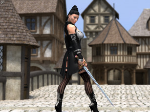 Картинка 3д+графика люди+ people улица меч фон дома взгляд девушка