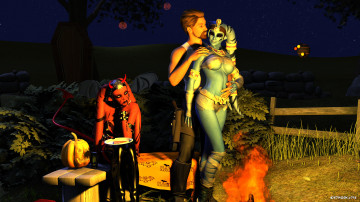 Картинка 3д+графика существа+ creatures кастаника халк улыбка тыква стол костер деревья мужчина