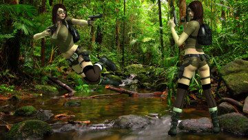 Картинка 3д+графика фантазия+ fantasy камни ручей девушки взгляд фон оружие лес