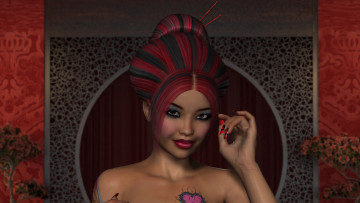 Картинка 3д+графика портрет+ portraits девушка взгляд фон улыбка рыжая тату