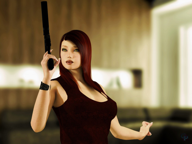 Обои картинки фото 3д графика, люди , people, девушка, взгляд, фон, оружие