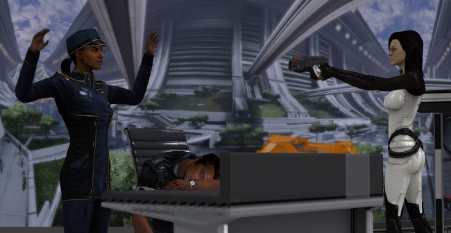 Обои картинки фото 3д графика, фантазия , fantasy, взгляд, девушки, мужчина, оружие