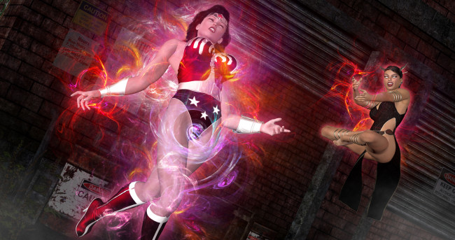 Обои картинки фото 3д графика, фантазия , fantasy, девушки, магия, драка, взгляд