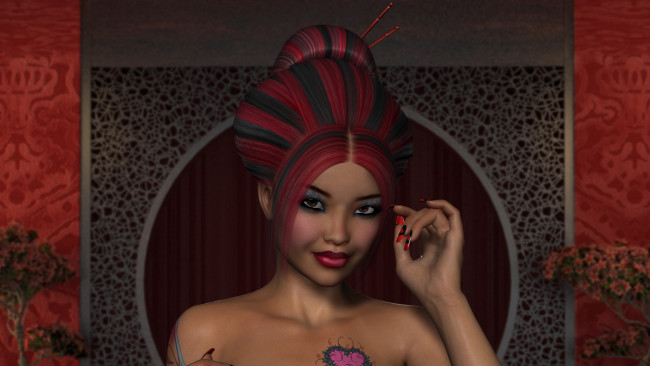 Обои картинки фото 3д графика, портрет , portraits, девушка, взгляд, фон, улыбка, рыжая, тату