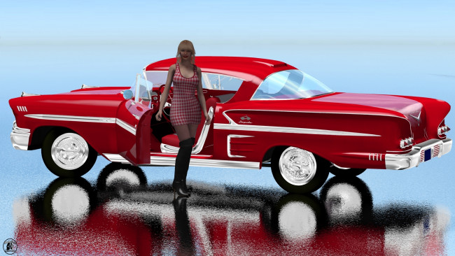 Обои картинки фото автомобили, 3d car&girl, автомобиль, девушка, взгляд, фон