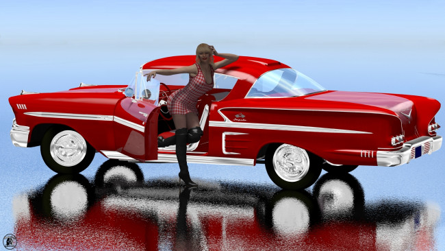 Обои картинки фото автомобили, 3d car&girl, автомобиль, фон, взгляд, девушка
