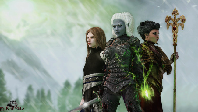 Обои картинки фото 3д графика, эльфы , elves, девушки, взгляд, эльфы, шест, небо