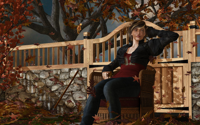 Обои картинки фото 3д графика, люди , people, осень, листья, забор, дерево, стул, взгляд, девушки