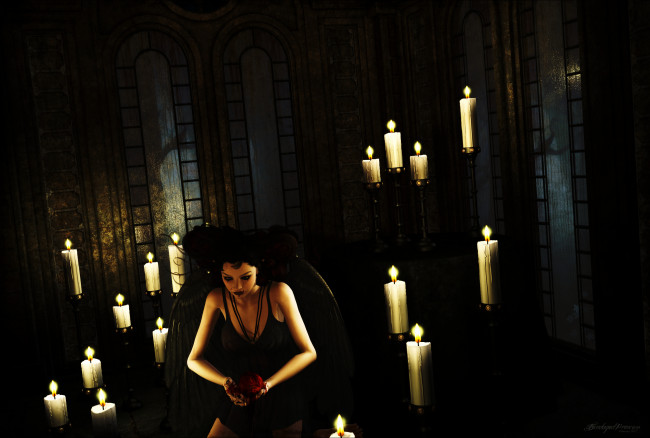 Обои картинки фото 3д графика, существа , creatures, сердце, кров, вампир, свечи, девушка, взгляд, фон