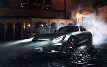 Картинка автомобили mercedes-benz мерседес серебристый свет ночь улица дома