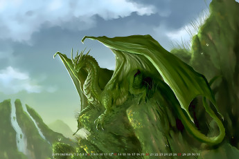 обоя календари, фэнтези, 2019, calendar, небо, крылья, зеленый, дракон