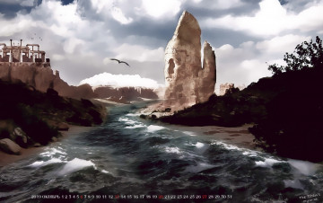 Картинка календари фэнтези 2019 вода calendar водоем камень природа небо птица
