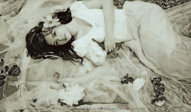 Обои картинки фото календари, компьютерный дизайн, calendar, модель, 2019, женщина, взгляд, азиатка, цветы, девушка