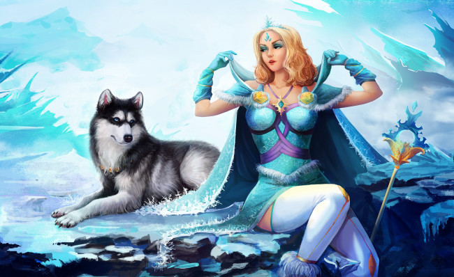Обои картинки фото видео игры, dota 2, платье, фон, собака, девушка