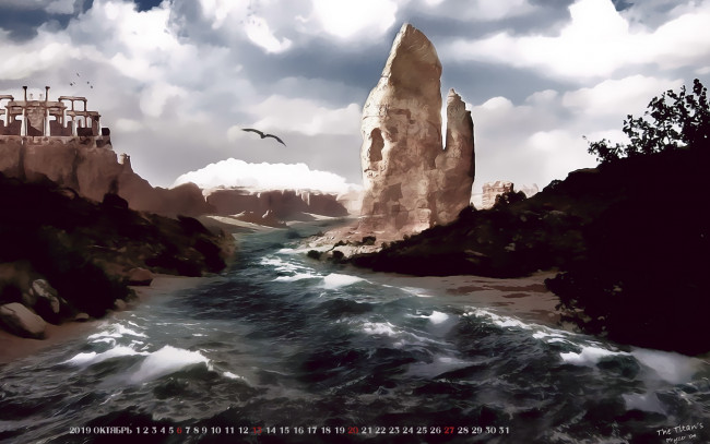 Обои картинки фото календари, фэнтези, 2019, вода, calendar, водоем, камень, природа, небо, птица