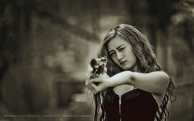 Обои картинки фото календари, компьютерный дизайн, девушка, пистолет, 2019, calendar, оружие, женщина, прицел