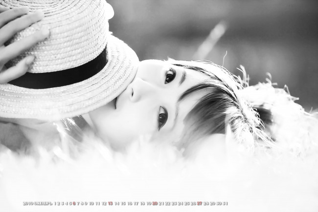Обои картинки фото календари, компьютерный дизайн, 2019, calendar, женщина, взгляд, девушка, азиатка, лицо, шляпа
