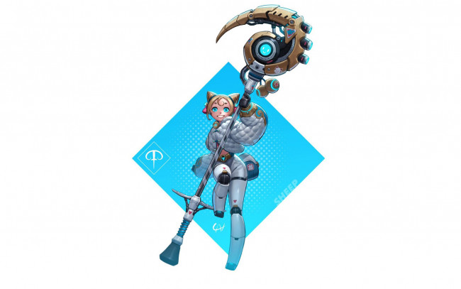 Обои картинки фото фэнтези, роботы,  киборги,  механизмы, девушка, ушки, посох