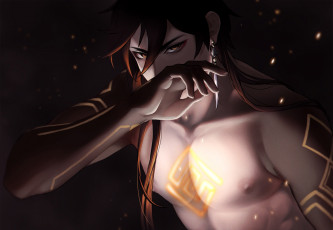 Картинка аниме genshin+impact парень серьги искры