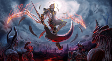 Картинка фэнтези нежить смерть фон коса рога