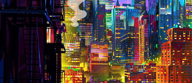 Обои картинки фото рисованное, города, город, огни, балкон, человек