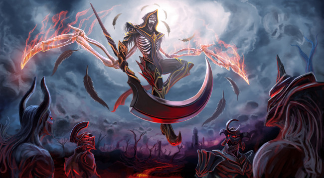 Обои картинки фото фэнтези, нежить, смерть, фон, коса, рога