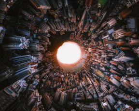 Картинка города гонконг+ китай гонконг городской пейзаж цифровое искусство азия панорамная сфера перевернутый мир