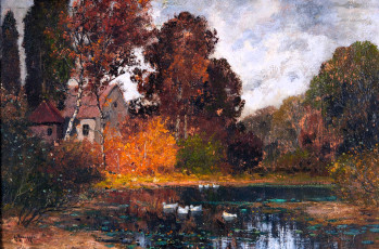 обоя рисованное, alois arnegger, озеро, утки, дома, деревья, осень