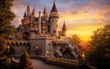 обоя разное, компьютерный дизайн, замок, стена, дорога, лес, парк, закат
