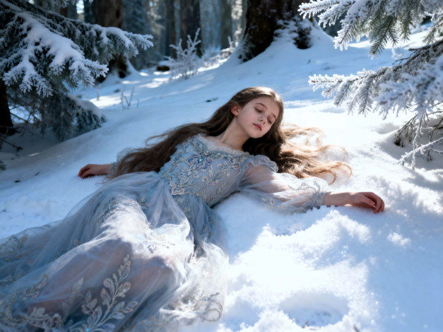 Обои картинки фото 3д графика, люди , people, девочка, платье, лес, снег, зима