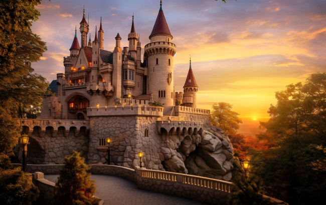 Обои картинки фото разное, компьютерный дизайн, замок, стена, дорога, лес, парк, закат