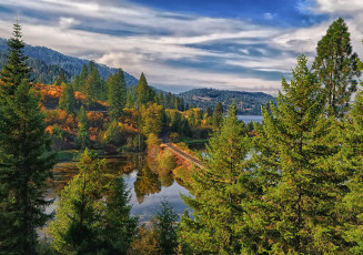 Картинка saint maries river idaho природа пейзажи река лес железная дорога деревья