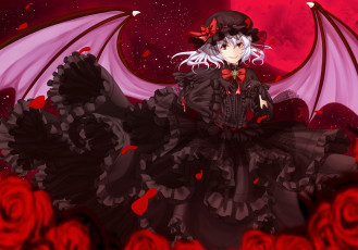 Картинка аниме touhou крылья луна красная untsue розы платье remilia scarlet девушка
