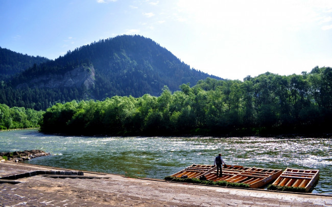 Обои картинки фото природа, реки, озера, река, горы, лес, плоты