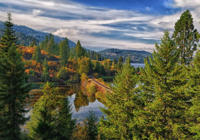 Обои картинки фото saint, maries, river, idaho, природа, пейзажи, река, лес, железная, дорога, деревья