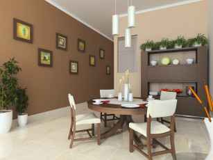 Картинка 3д+графика realism+ реализм тарелки растение картины чашки цветы комната стол стулья