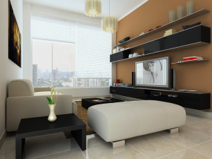 Картинка 3д+графика realism+ реализм ваза полки окно стол телевизор диван цветы