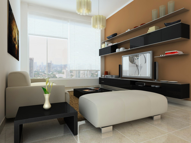 Обои картинки фото 3д графика, realism , реализм, ваза, полки, окно, стол, телевизор, диван, цветы