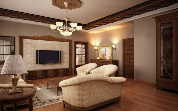 Картинка 3д+графика реализм+ realism телевизор светильники столики кресла коврик зеркало