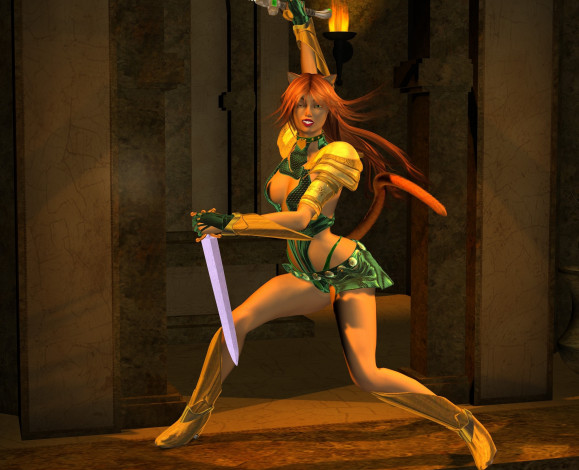 Обои картинки фото 3д графика, существа , creatures, фон, взгляд, девушка, хвост, ушки, оружие