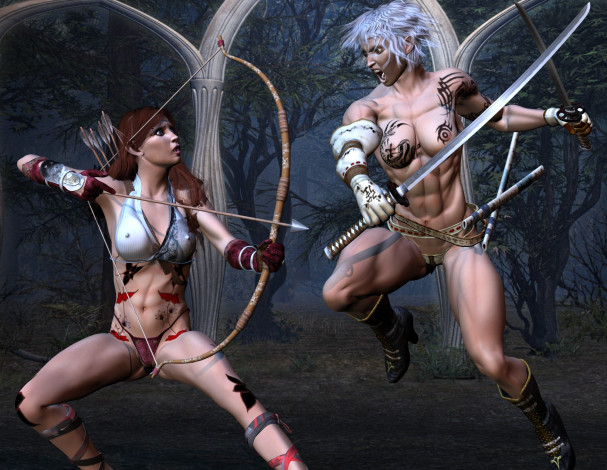 Обои картинки фото 3д графика, фантазия , fantasy, лук, фон, взгляд, девушка, меч, существо, амазонка